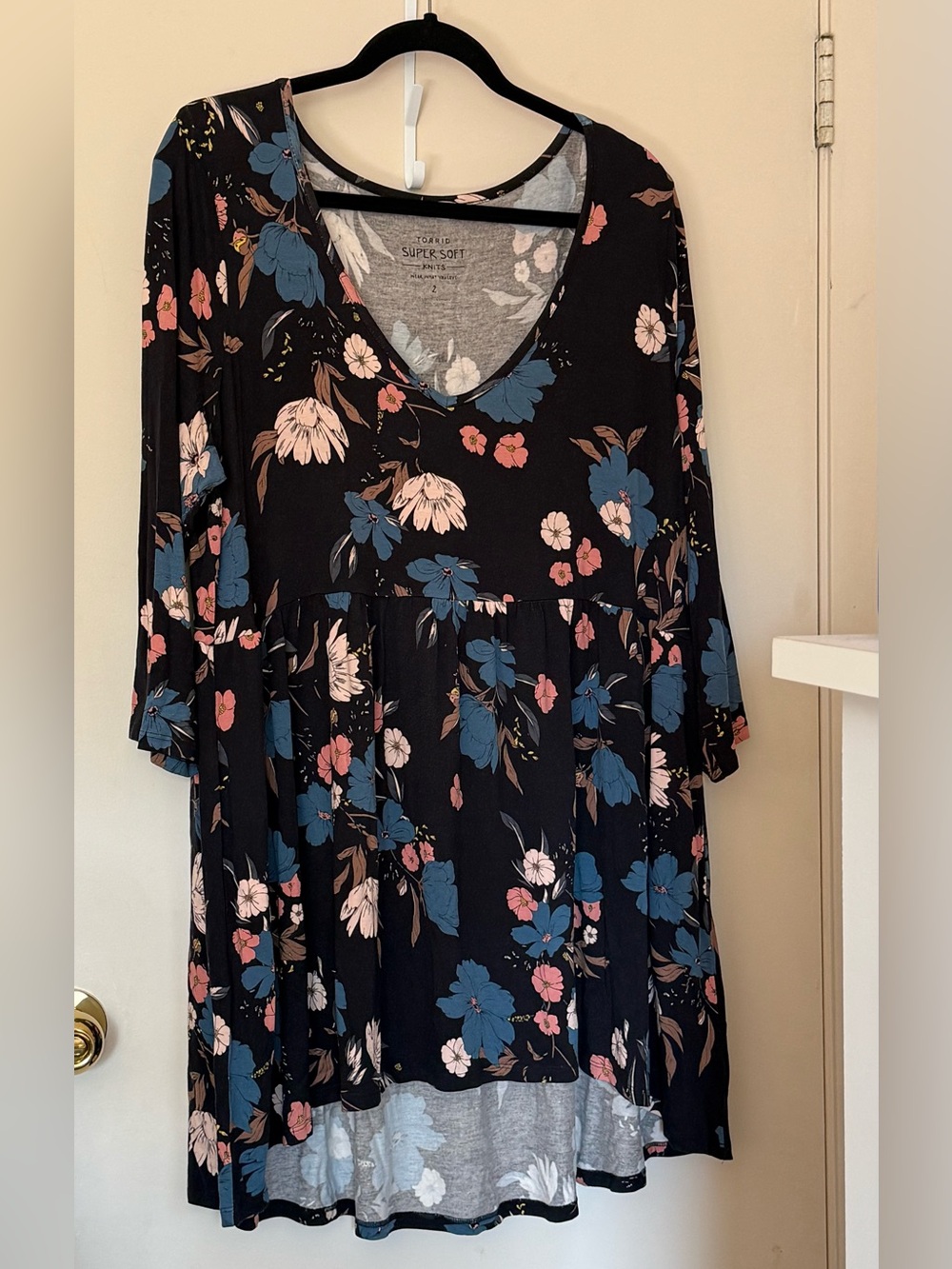 torrid Black Floral V-Neck Tiered babydoll with Blue and Pink Blooms
